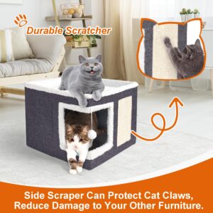 Loyareal Cat Houses for Indoor Cats - Large Cat Bed Cave for Cat House with Scratch Pad and Fluffy Ball, Foldable Cat Hideaway with Reversible Cushion Cat Condo for Multi Small Pet, Dark Grey