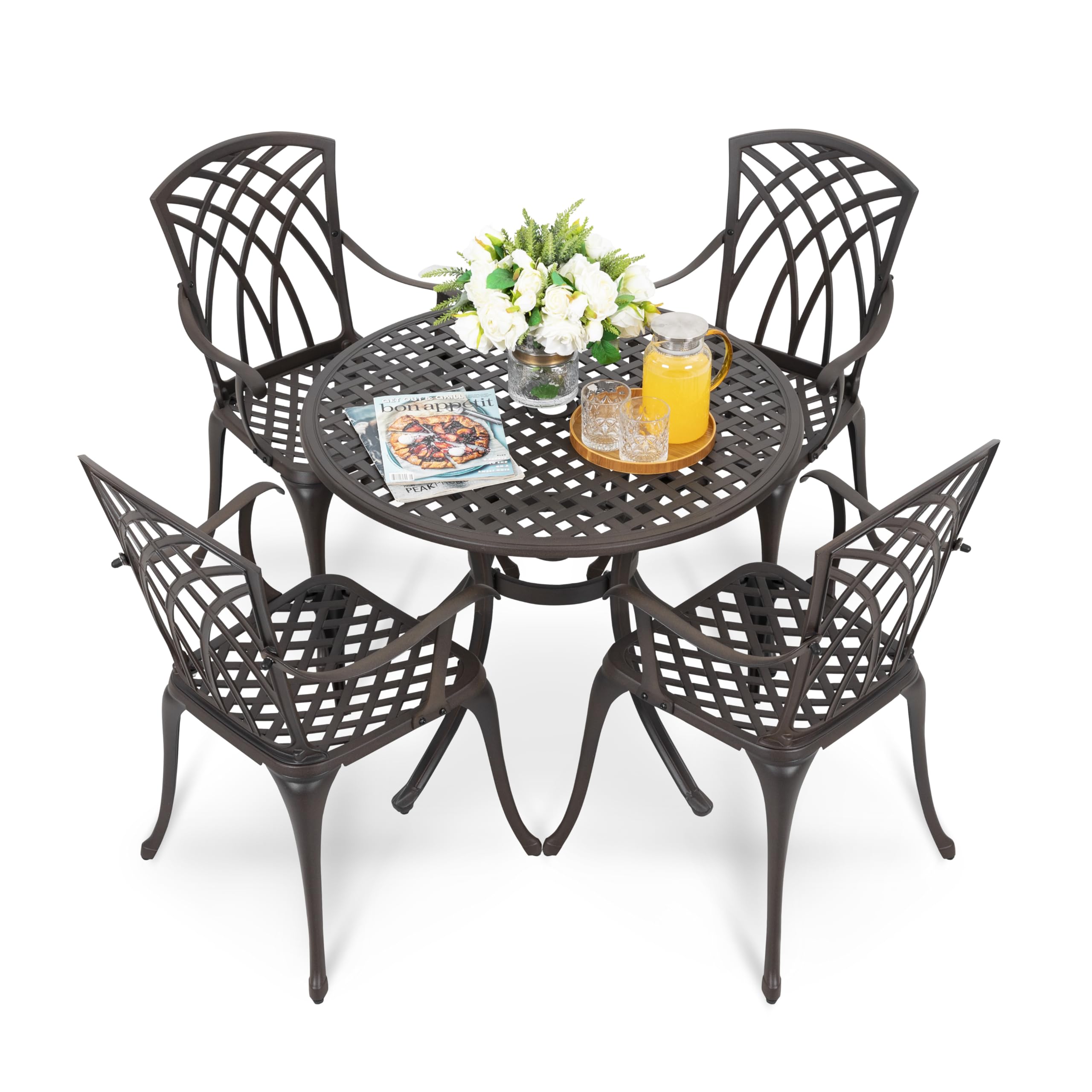 NUU GARDEN 5 Piece Outdoor Patio Dining Set, All-Weather Round Cast Aluminum Dining Table with 1.97" Umbrella Hole and Outdoor Patio Dining Chairs for Patio, Garden, Backyard, Balcony, Bronze