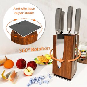 Brosisincorp 360° Rotating Magnetic Knife Block Without Knives - Universal Knife Holder for Counter Top with Removable Bristles, Acacia Wood