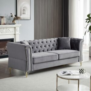 lunhung 81" Chesterfield Velvet Sofa for Living Room,3-Seater Sofa Tufted Couch with Golden Metal Legs & Nailhead,2 Pillows, Rolled Arms Sofa for Living Room,Bedroom,Office,Apartment (Grey)