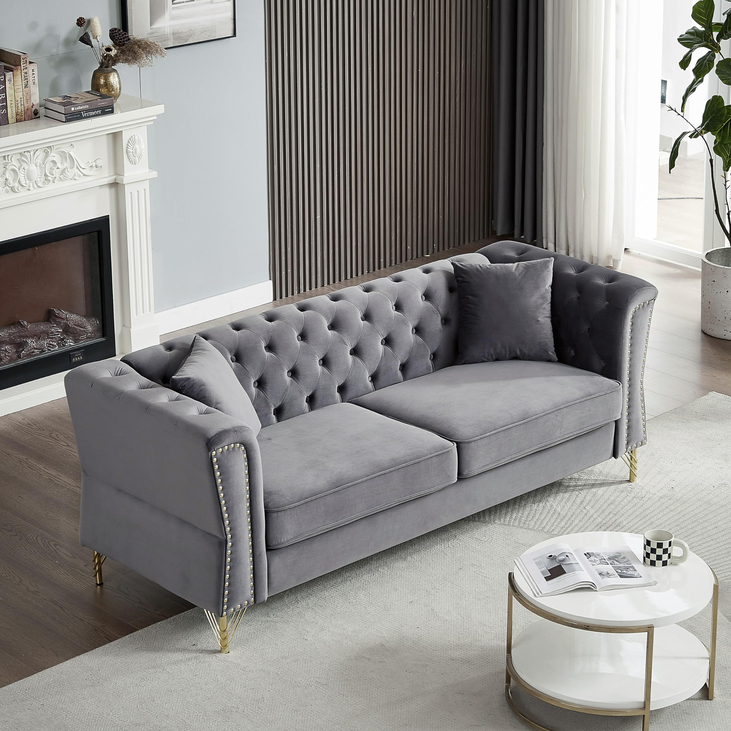 lunhung 81" Chesterfield Velvet Sofa for Living Room,3-Seater Sofa Tufted Couch with Golden Metal Legs & Nailhead,2 Pillows, Rolled Arms Sofa for Living Room,Bedroom,Office,Apartment (Grey)