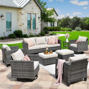 hooowooo wicker patio conversation sets,8 piece outdoor furniture set with swivel rocking chairs,all weather resistant modern outside out door rattan couch chairs side table set,beige