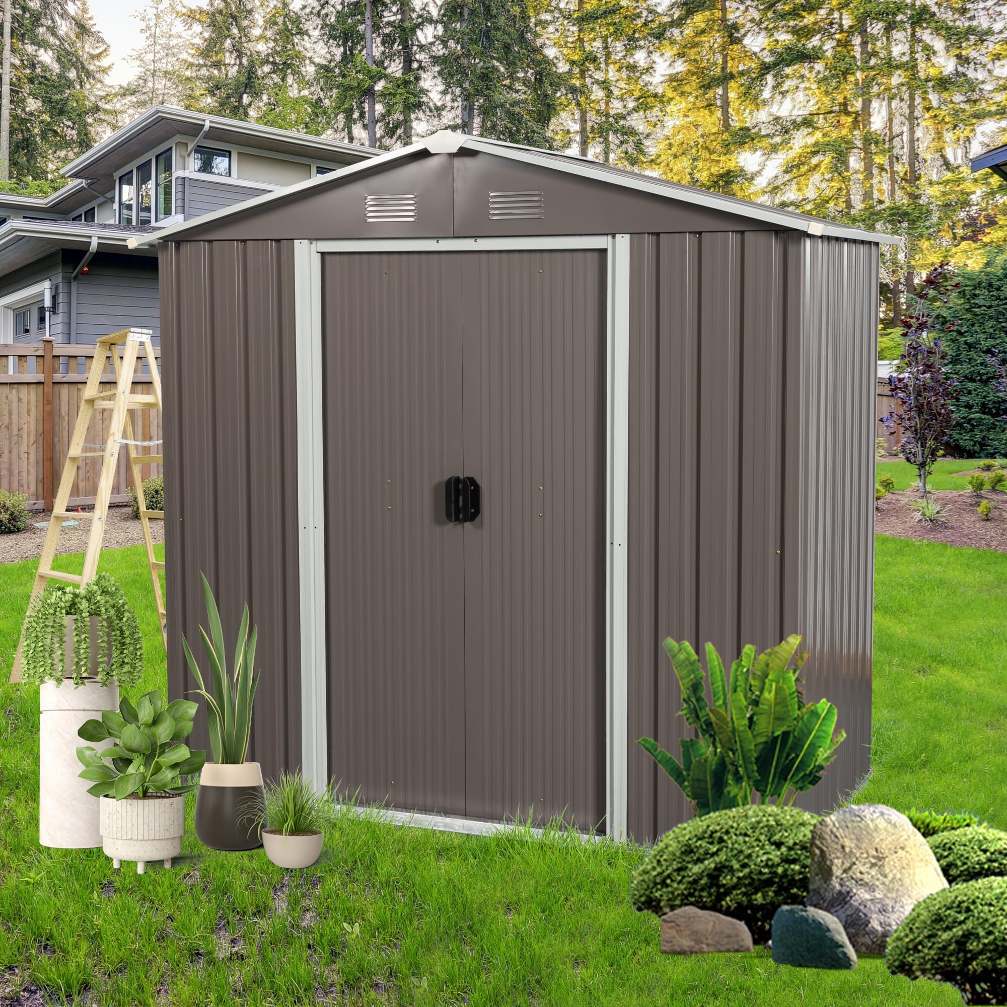 LUSPAZ 8ft x 4ft Outdoor Storage Shed with Floor Base, Metal Garden Shed Utility Tool Bike Storage Shed Cabinet with Lockable Sliding Doors and Vents, Weather Resistant Backyard Shed for Storage