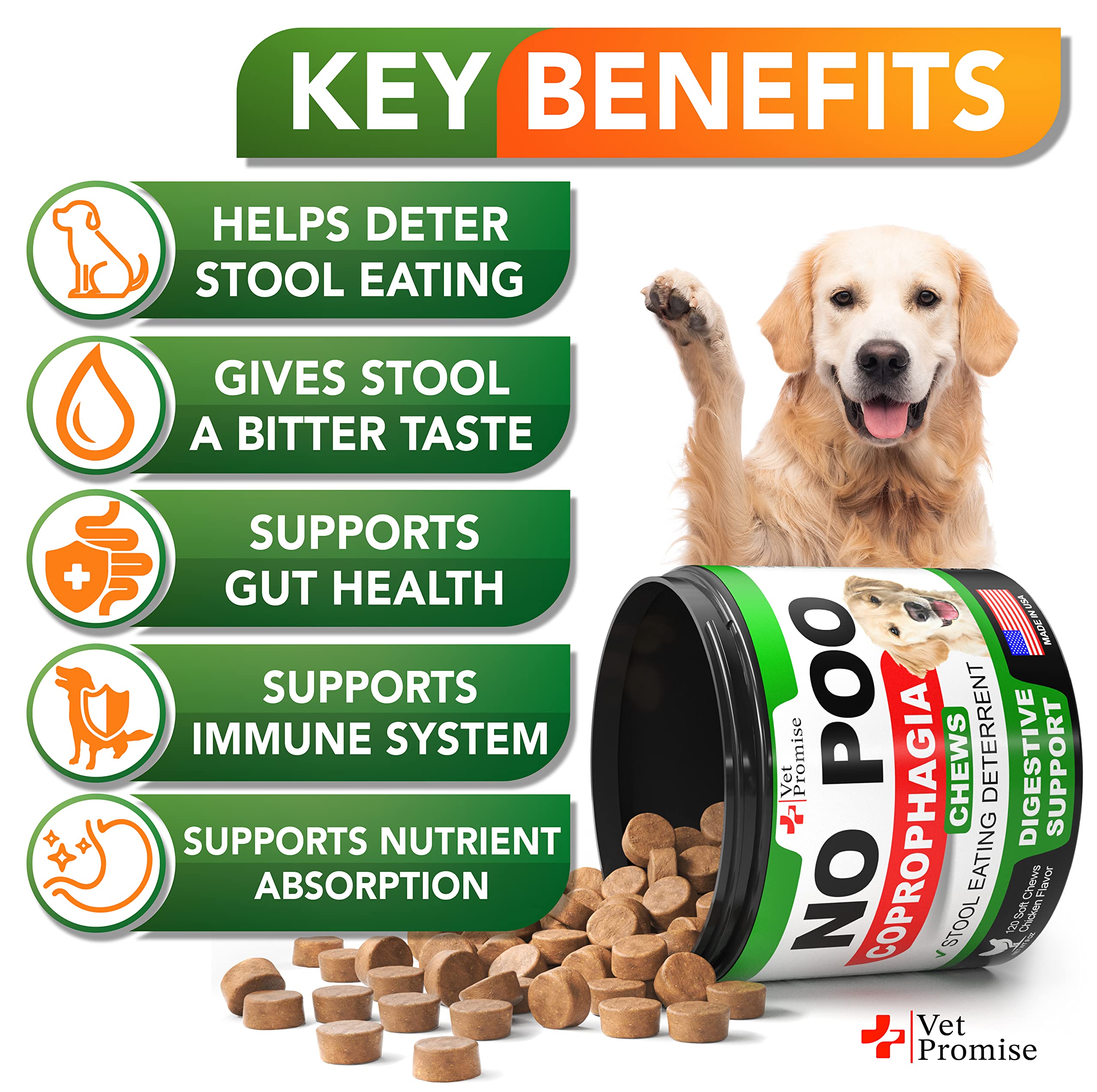 Vet Promise No Poo Chews for Dogs - Coprophagia Stool Eating Deterrent for Dogs - Prevent Dog from Eating Poop - Stop Eating Poop - Probiotics & Digestive Enzymes Supplement - Made in USA