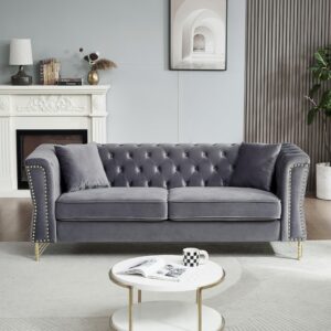 lunhung 81" chesterfield velvet sofa for living room,3-seater sofa tufted couch with golden metal legs & nailhead,2 pillows, rolled arms sofa for living room,bedroom,office,apartment (grey)