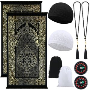 mindsoft 10 pcs muslim prayer rug islamic prayer mat with kufi hats prayer cap, muslim tasbih prayer beads, portable compass and storage bags for men women kids ramadan eid travel gifts black, gold