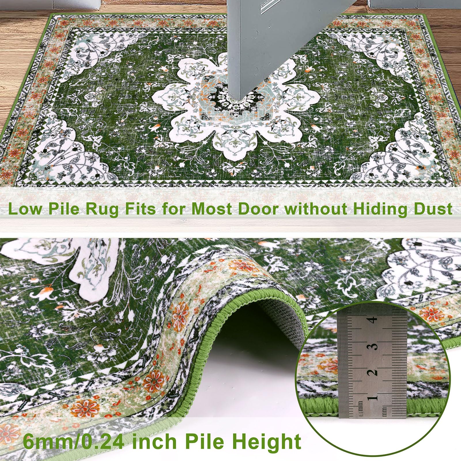 Ileading Bohemian Vintage Small Area Rug,Machine Washable Low-Pile Entrance Door Mat, Non-Slip Entryway Runner Rug, Non-Shedding Inside Welcome Mat for Hallway Kitchen Pets (Green 2x3ft)