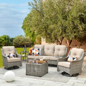 caodoc patio furniture,all weather wicker 5 pcs outdoor sofa with high back swivel rocker chairs,conversation set with solar powered coffee table,grey rattan beige cushion