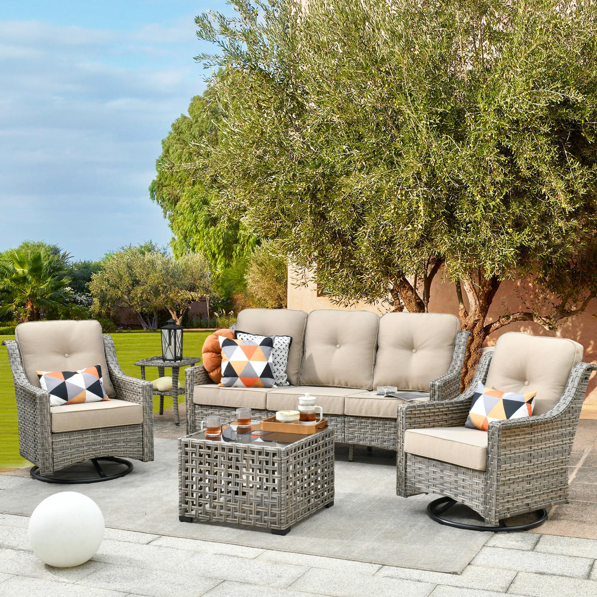 CAODOC Patio Furniture,All Weather Wicker 5 PCS Outdoor Sofa with High Back Swivel Rocker Chairs,Conversation Set with Solar Powered Coffee Table,Grey Rattan Beige Cushion