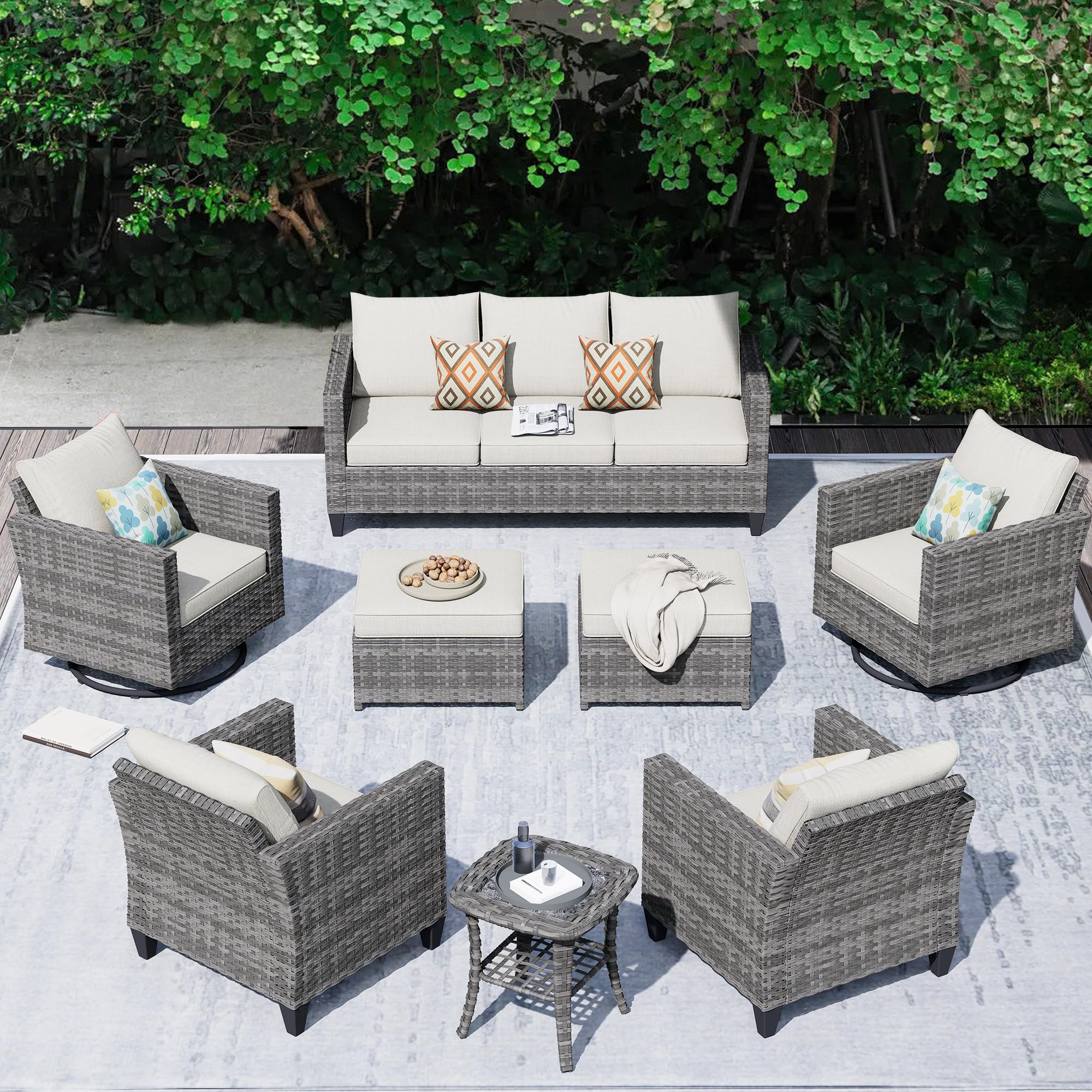 HOOOWOOO Wicker Patio Conversation Sets,8 Piece Outdoor Furniture Set with Swivel Rocking Chairs,All Weather Resistant Modern Outside Out Door Rattan Couch Chairs Side Table Set,Beige