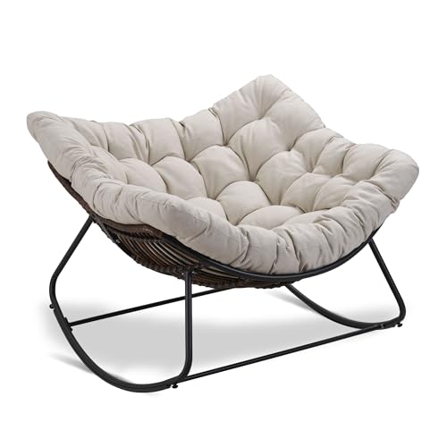 ZJEYEJZ Outdoor Rocking Chair, Oversized Rattan Papasan Rocking Chair, Patio Wicker Egg Chair with Padded Cushion, Rocker Egg Chair for Living Room, Patio, Front Porch, Backyard