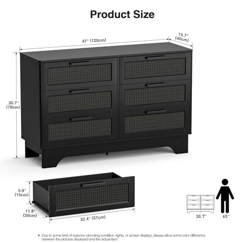 Anmytek Black Rattan 6 Drawer Dresser for Bedroom, Wood Dressers for Bedroom, Natural Wood Storage Wide Dressers & Chests of Drawers Large Storage Cabinet for Closet, Bedroom and Entryway, H0110