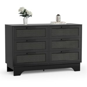 anmytek black rattan 6 drawer dresser for bedroom, wood dressers for bedroom, natural wood storage wide dressers & chests of drawers large storage cabinet for closet, bedroom and entryway, h0110