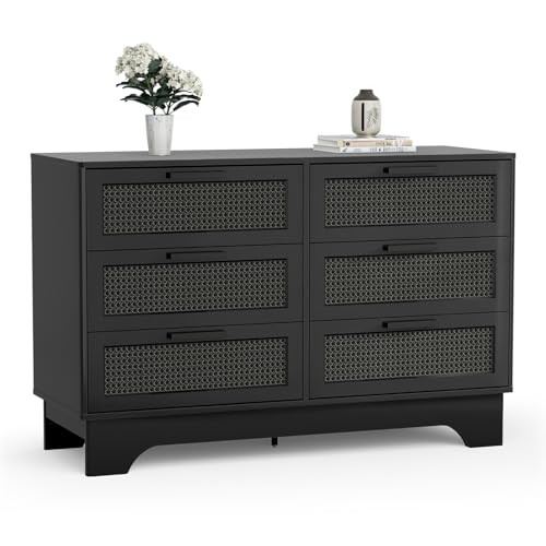 Anmytek Black Rattan 6 Drawer Dresser for Bedroom, Wood Dressers for Bedroom, Natural Wood Storage Wide Dressers & Chests of Drawers Large Storage Cabinet for Closet, Bedroom and Entryway, H0110