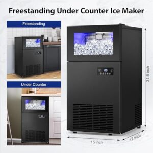 Upgraded Commercial Ice Maker Machine 130 LBS/24H, 15" Wide Under Counter Ice Maker with 35LBS Ice Capacity, Built-in or Freestanding Large Ice Machine Self Clean for Restaurant Home Bar Outdoor