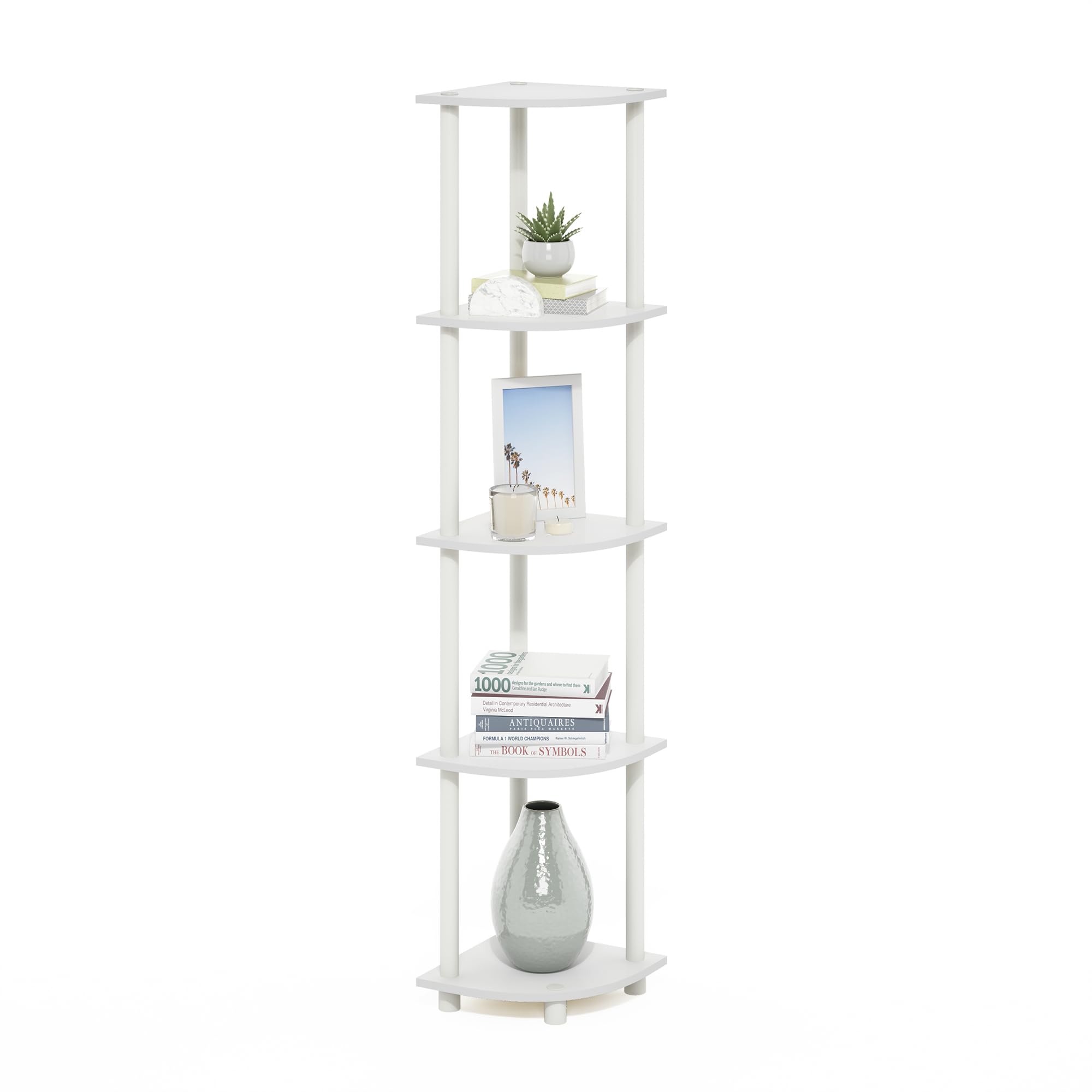 Furinno Turn-N-Tube 5 Tier Corner Display Rack Multipurpose Shelving Unit, White/White