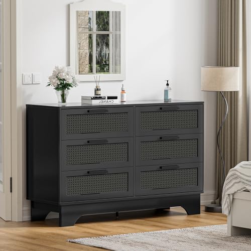 Anmytek Black Rattan 6 Drawer Dresser for Bedroom, Wood Dressers for Bedroom, Natural Wood Storage Wide Dressers & Chests of Drawers Large Storage Cabinet for Closet, Bedroom and Entryway, H0110