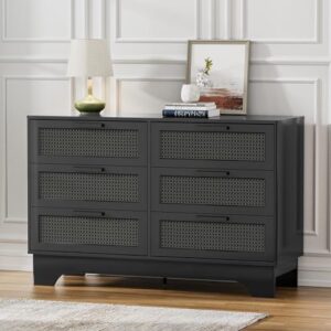 Anmytek Black Rattan 6 Drawer Dresser for Bedroom, Wood Dressers for Bedroom, Natural Wood Storage Wide Dressers & Chests of Drawers Large Storage Cabinet for Closet, Bedroom and Entryway, H0110