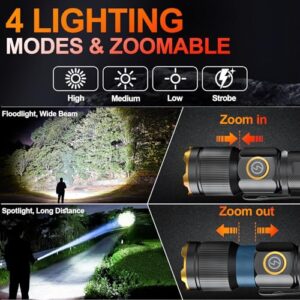 Sogdeco Rechargeable Flashlights High Lumens, Super Bright Small LED Flash Light, 26 Hours Long Lasting, 4 Lighting Modes, Magnetic Zoomable Pocket Flashlight for Emergencies Home Camping (2 Pack)