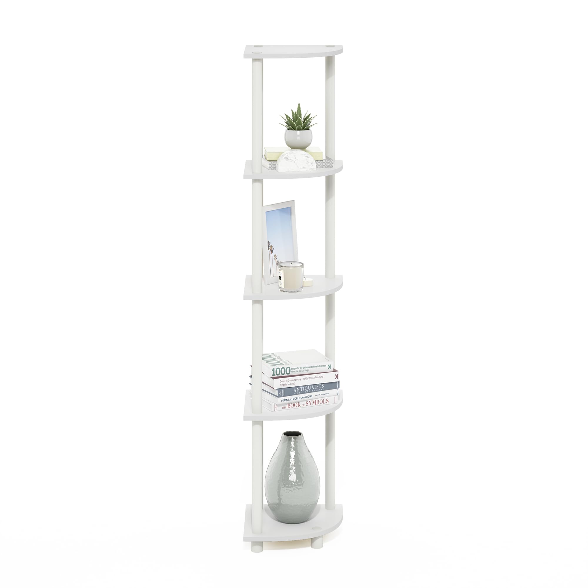 Furinno Turn-N-Tube 5 Tier Corner Display Rack Multipurpose Shelving Unit, White/White