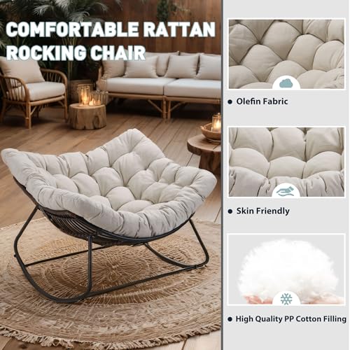 ZJEYEJZ Outdoor Rocking Chair, Oversized Rattan Papasan Rocking Chair, Patio Wicker Egg Chair with Padded Cushion, Rocker Egg Chair for Living Room, Patio, Front Porch, Backyard