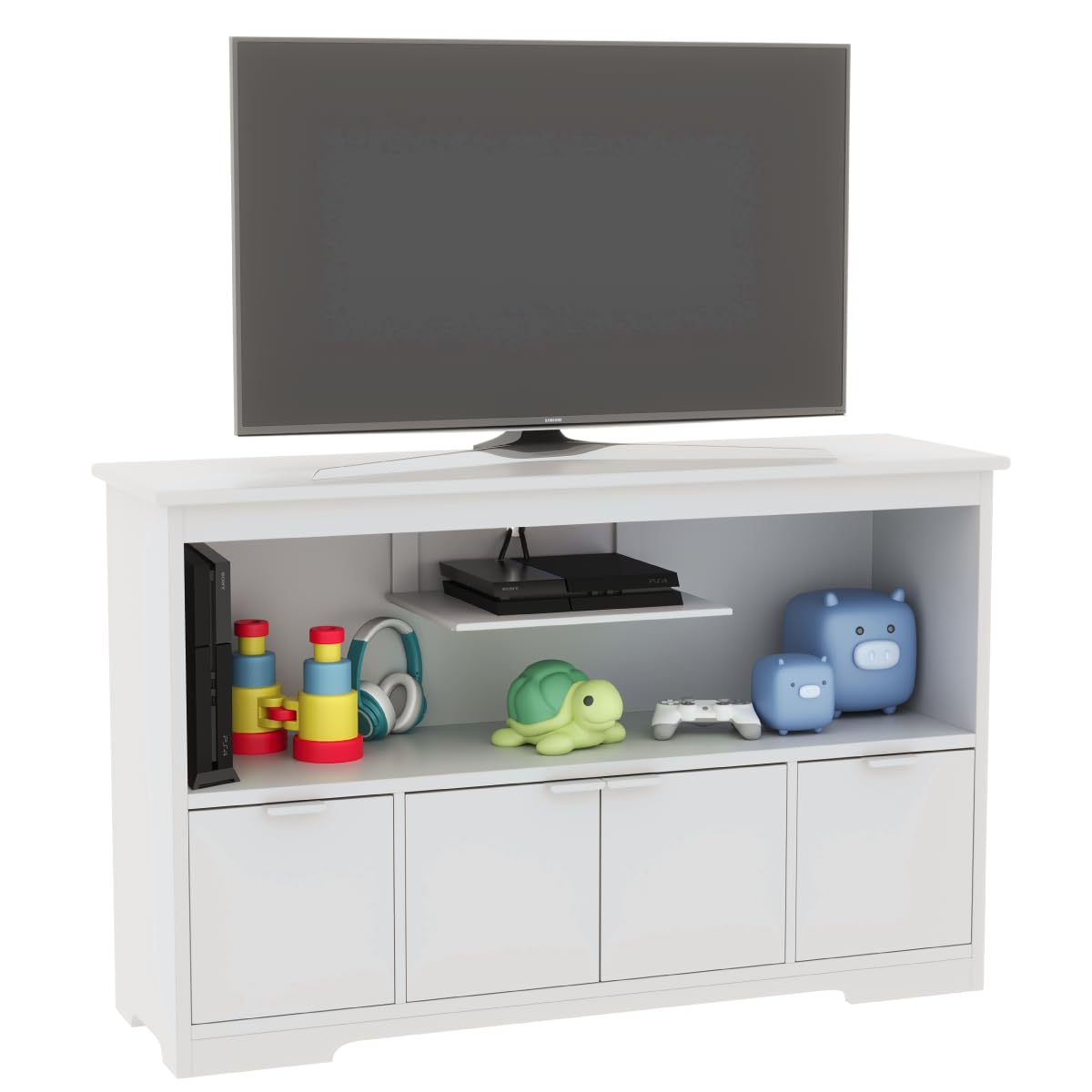 Milliard Toy Storage Organizer, White Wooden Gaming Desk Cabinet, Kids Bedroom and Playroom Furniture, 47.5x14x30in