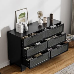 Anmytek Black Rattan 6 Drawer Dresser for Bedroom, Wood Dressers for Bedroom, Natural Wood Storage Wide Dressers & Chests of Drawers Large Storage Cabinet for Closet, Bedroom and Entryway, H0110