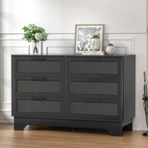 Anmytek Black Rattan 6 Drawer Dresser for Bedroom, Wood Dressers for Bedroom, Natural Wood Storage Wide Dressers & Chests of Drawers Large Storage Cabinet for Closet, Bedroom and Entryway, H0110