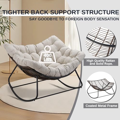 ZJEYEJZ Outdoor Rocking Chair, Oversized Rattan Papasan Rocking Chair, Patio Wicker Egg Chair with Padded Cushion, Rocker Egg Chair for Living Room, Patio, Front Porch, Backyard