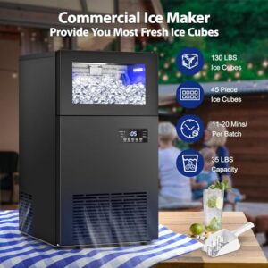 Upgraded Commercial Ice Maker Machine 130 LBS/24H, 15" Wide Under Counter Ice Maker with 35LBS Ice Capacity, Built-in or Freestanding Large Ice Machine Self Clean for Restaurant Home Bar Outdoor