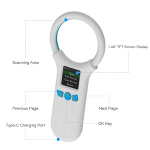 AHANIN Microchip Scanner RFID 134.2KHz/125KHz Animal Chip ID Reader EMID FDX-B(ISO11784/11785) 500 Data Storage Type-C Cable Uploading to PC