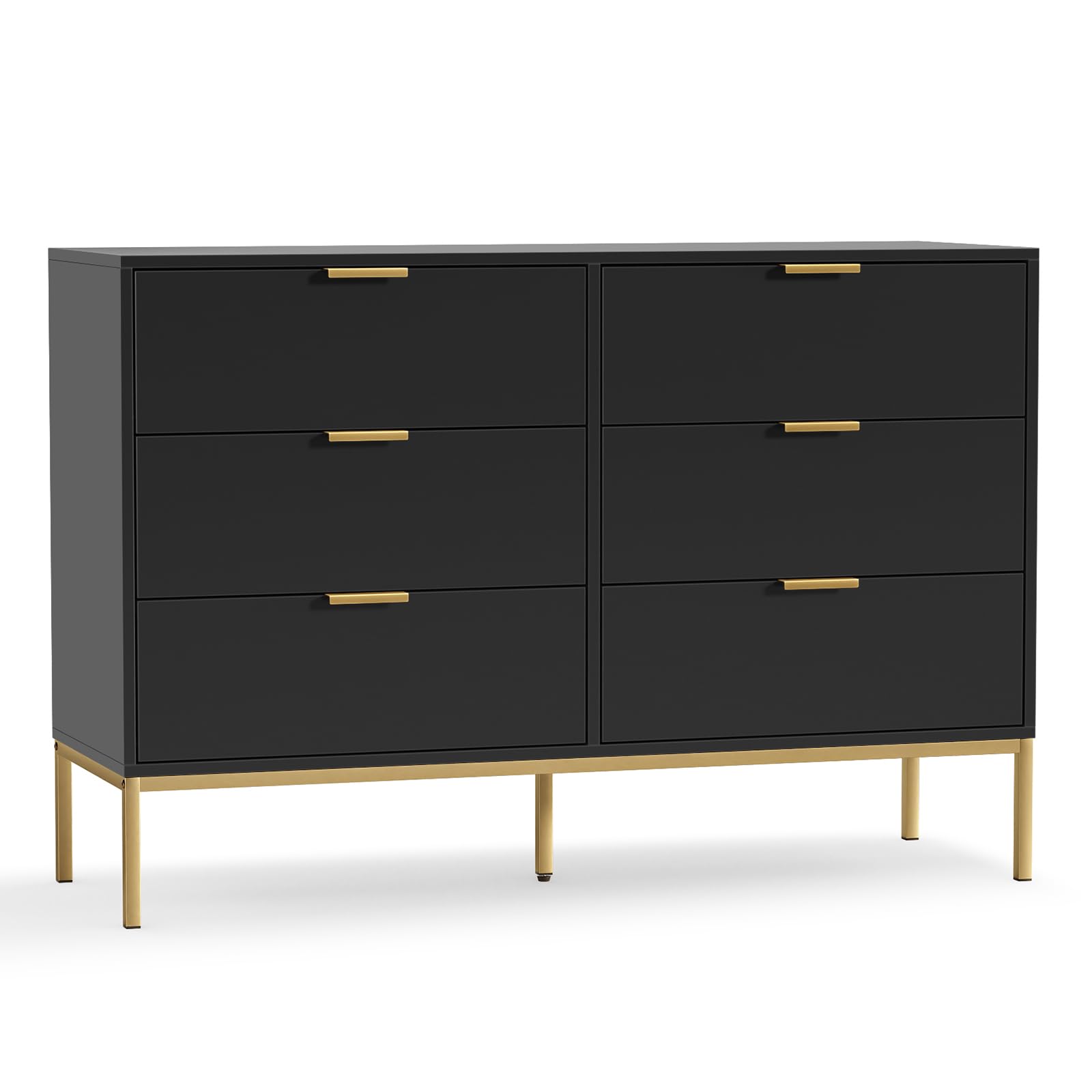 Anmytek Modern 6 Drawer Dresser, Black Dressers for Bedroom, Chest of Drawers Closet Organizers and Wood Storage Clothes, Black Dresser with Golden Handles for Living Room, Hallway