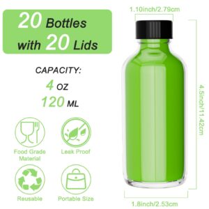 20 Pack 4 oz Small Clear Glass Bottles with Lids, 120ml Short Glass Jars, Empty Reusable Juice Bottles with Funnels, Stickers and Brush, Mini Liquor Bottles for Water, Ginger, Whiskey