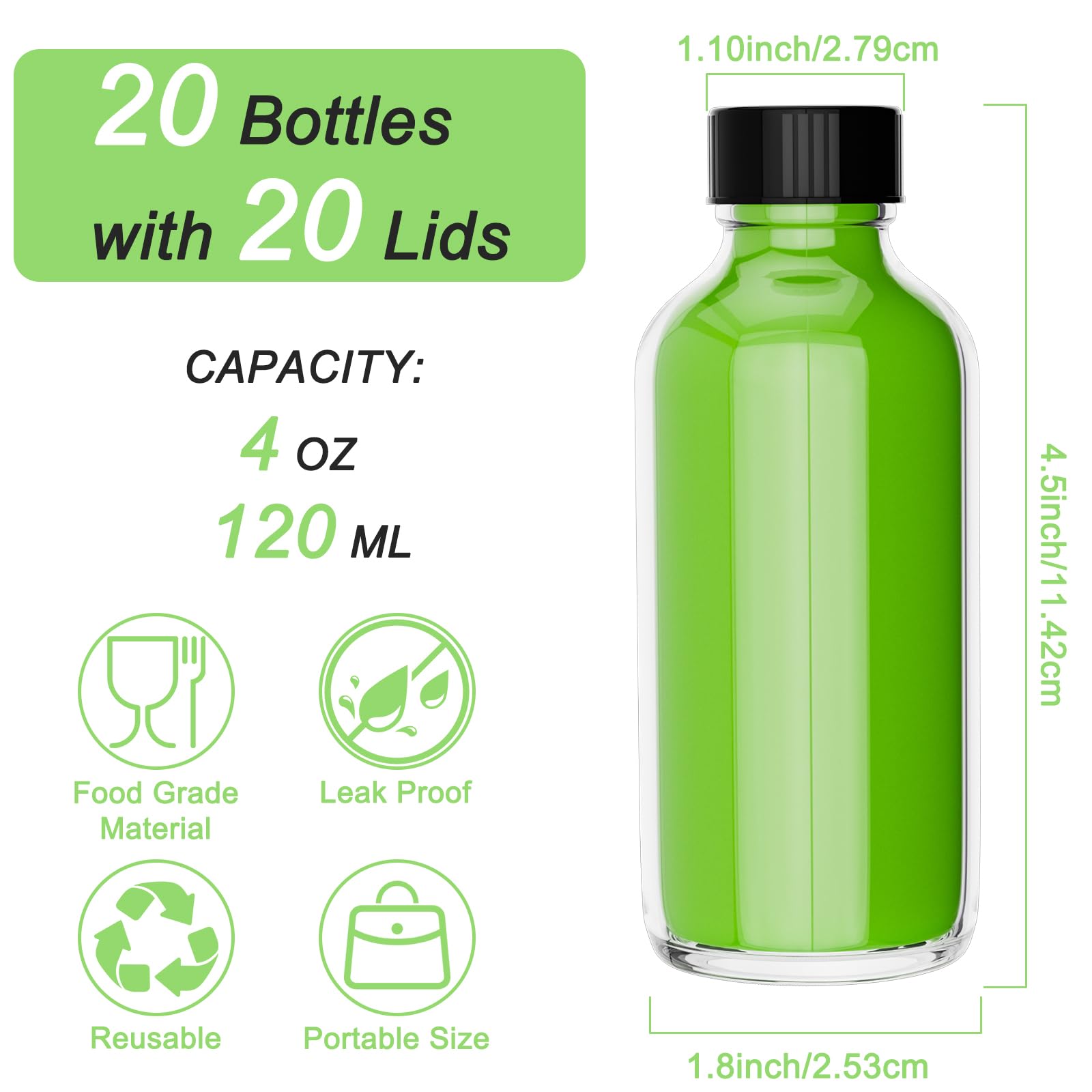 20 Pack 4 oz Small Clear Glass Bottles with Lids, 120ml Short Glass Jars, Empty Reusable Juice Bottles with Funnels, Stickers and Brush, Mini Liquor Bottles for Water, Ginger, Whiskey