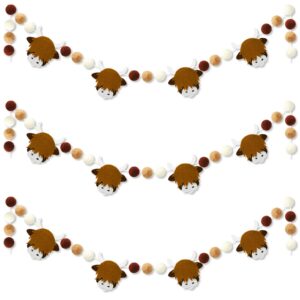 jarthenaamcs 3pcs highland cow felt garland cute brown cow hanging banner brown white pom ball banner for cowboy birthday party baby shower party supplies