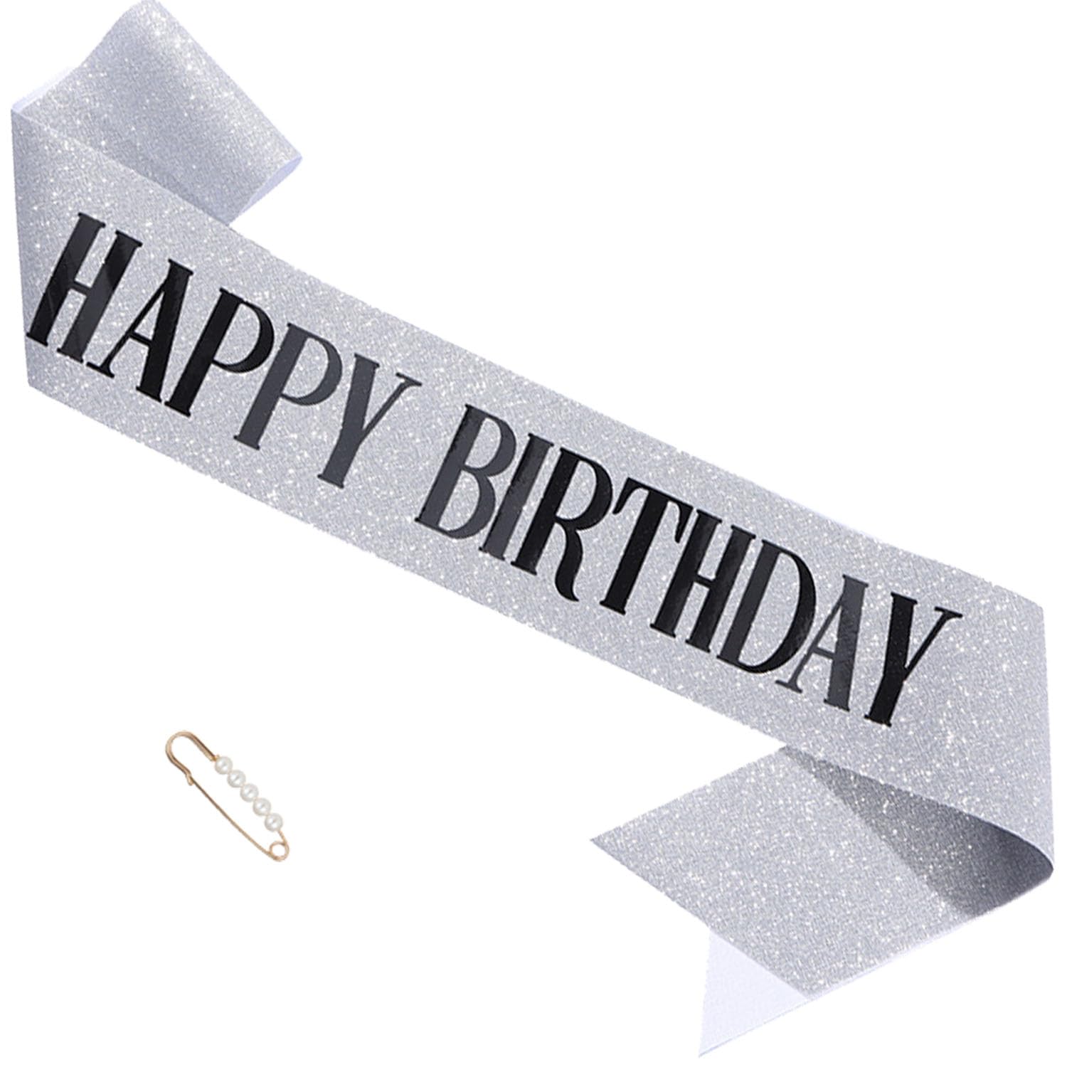 ZHBDPaty "Happy Birthday" Glitter Sash with Pearl Pin for Women Girls Party Supply Favors (2 Silver Black)