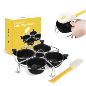 fuexmotco egg poacher insert,4 non stick eggs poaching cups,stainless steel steamer rack, complimentary silicone spatula -benedict eggs maker compatible with most skillets&pans