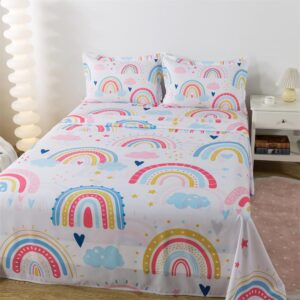 qjmiaofang Rainbow Sheets for Girls Twin Size Rainbow Bed Sheets 3Pieces Cartoon Rainbow Flat Sheet Little Rainbow Fitted Sheet with Clouds Rainbow Bedding 1 Flat Sheet 1 Fitted Sheet 1 Pillowcase