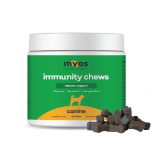 myos immunity chew for dogs - immune system support, antioxidants, helps cellular health & vitality- with colostrum, resveratrol, astragalus root, and medicinal mushrooms- daily chewable supplement