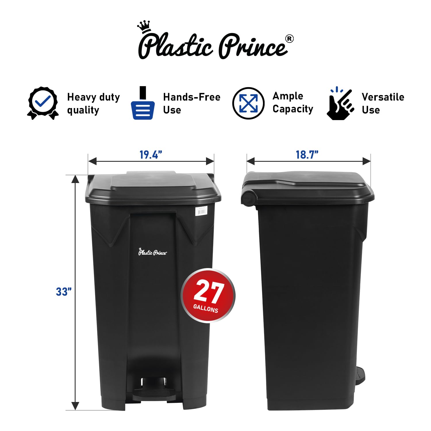 27 Gallon Step-On Trash Can/Container, Black Plastic Dustbin with Lid and Foot Pedal, Hands-Free Disposal