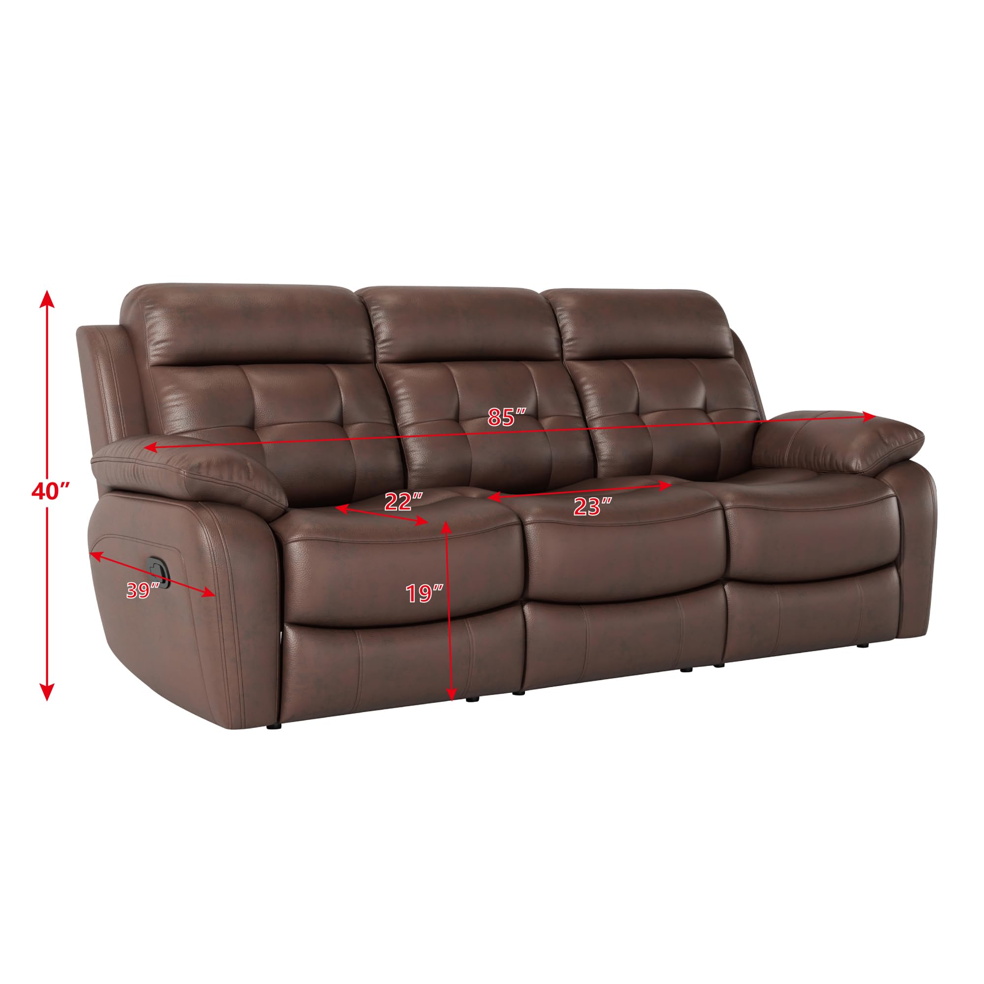 Gahowlen Genuine Leather Manual Reclining Sofa, 3-Seater Couch with Drop Down Table, Cup Holders & Magazine Bag, 3-Seat Dual Recliner Chair for Living Room Home Theater Office, Brown