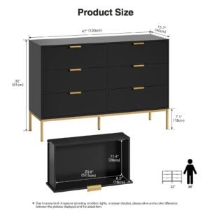 Anmytek Modern 6 Drawer Dresser, Black Dressers for Bedroom, Chest of Drawers Closet Organizers and Wood Storage Clothes, Black Dresser with Golden Handles for Living Room, Hallway