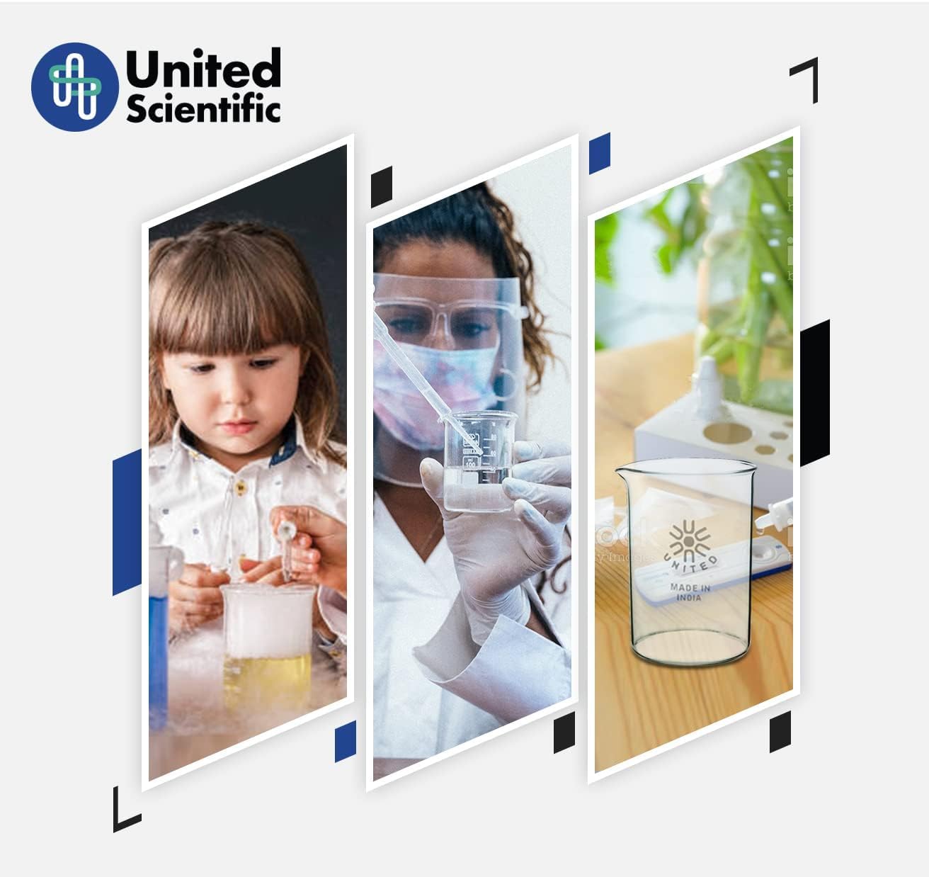 United Scientific™ 1000mL (1L) Beaker, Low Form Griffin, Boro. 3.3 Glass, Double Scale, Graduated