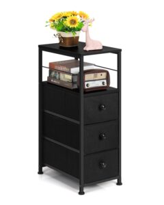 mooace narrow dresser for bathroom, slim dresser storage cabinet, chest of 3 fabric drawers with wood shelf, bedroom organizer tower for small space, closet, laundry, black