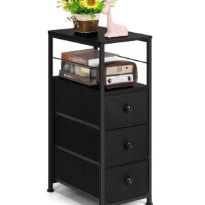 MOOACE Narrow Dresser for Bathroom, Slim Dresser Storage Cabinet, Chest of 3 Fabric Drawers with Wood Shelf, Bedroom Organizer Tower for Small Space, Closet, Laundry, Black