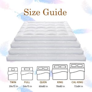 WhatsBedding 5 Inch Duck Feather Bed Queen Size, 100% Cotton Extra Thick Mattress Topper, Overfilled Pillow Top, Hotel Collection Mattress Topper, 60x80 in, 17LB