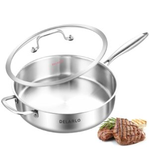 delarlo tri-ply stainless steel saute pan with lid 5.5qt,12.3inch deep frying pan,induction large skillet,jumbo cooker,efficent fast even heating cooking pan dishwasher and oven safe