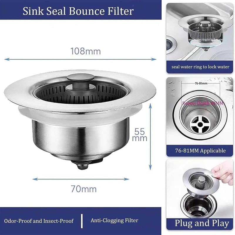 2024 New Upgraded Sink Bounce Core Drain Strainer, 3 in 1 Stainless Steel Sink Strainer Stopper Sink Aid, Universal Wash Basin Spring Core Sink Stopper Kitchen Bathroom Sink Bathtub Accessories (2)