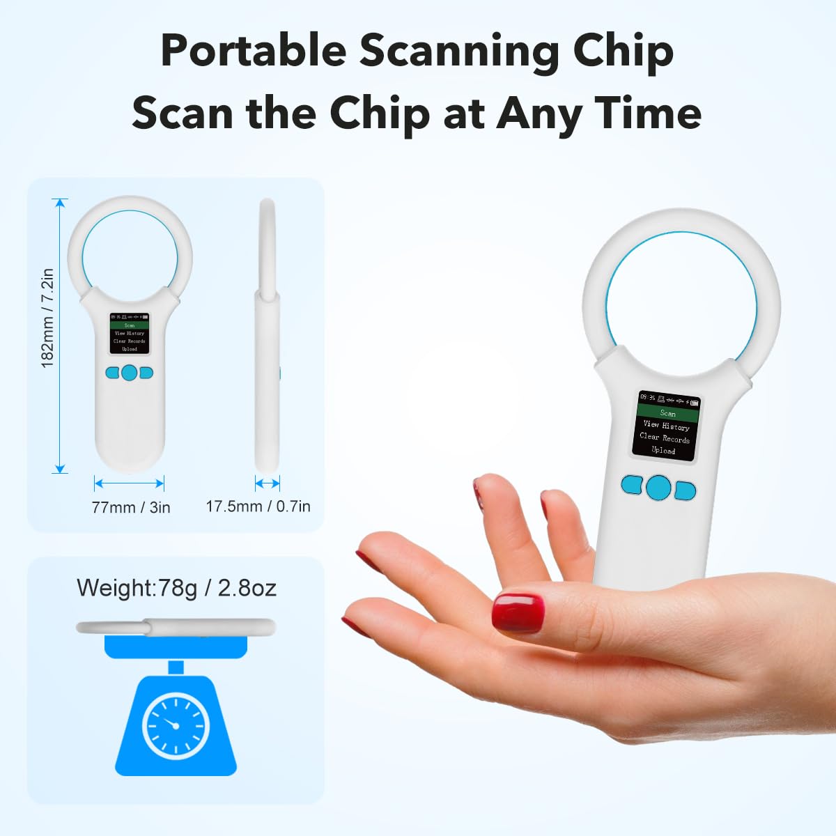 AHANIN Microchip Scanner RFID 134.2KHz/125KHz Animal Chip ID Reader EMID FDX-B(ISO11784/11785) 500 Data Storage Type-C Cable Uploading to PC