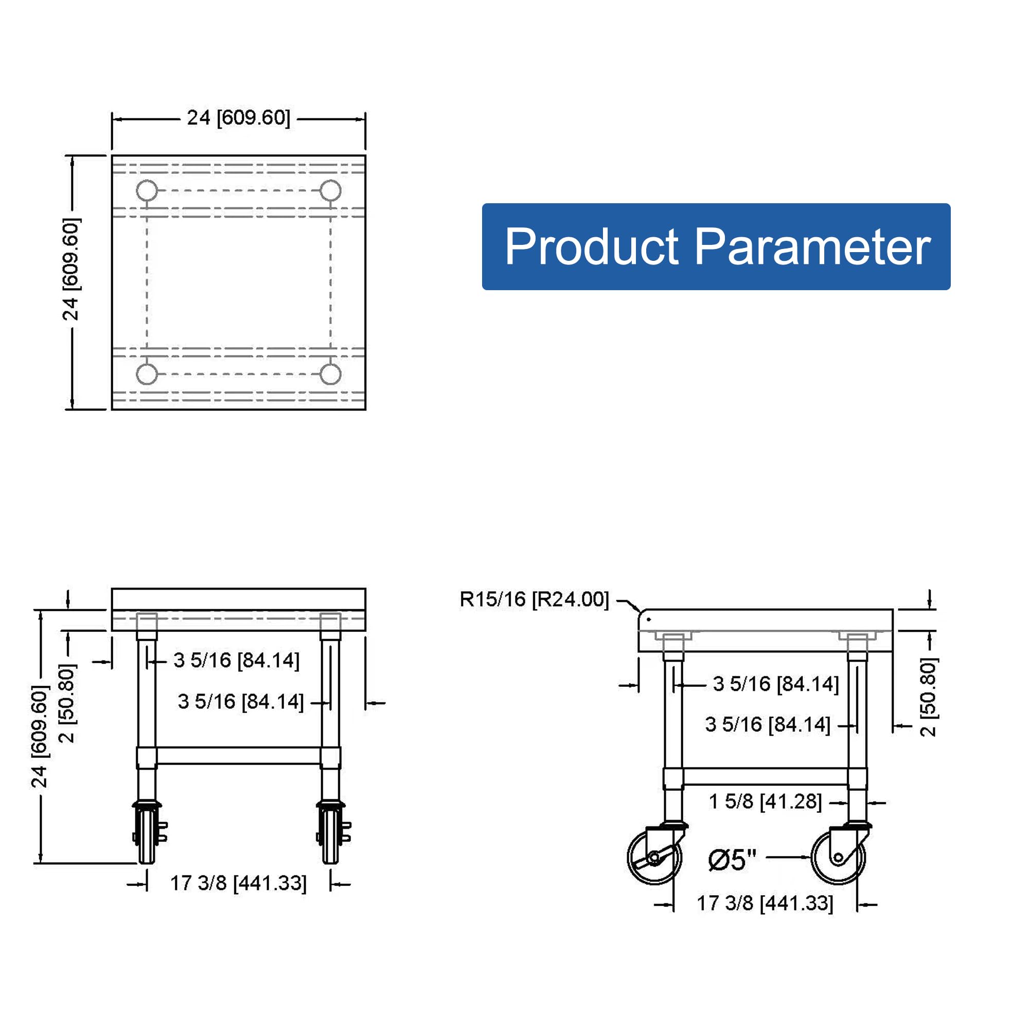 HARDURA Stainless Steel Equipment Work Stand 24" x 24" Prep Table with Under Shelf and Caster for Commercial & Workplace, Home, Hotel, Garage